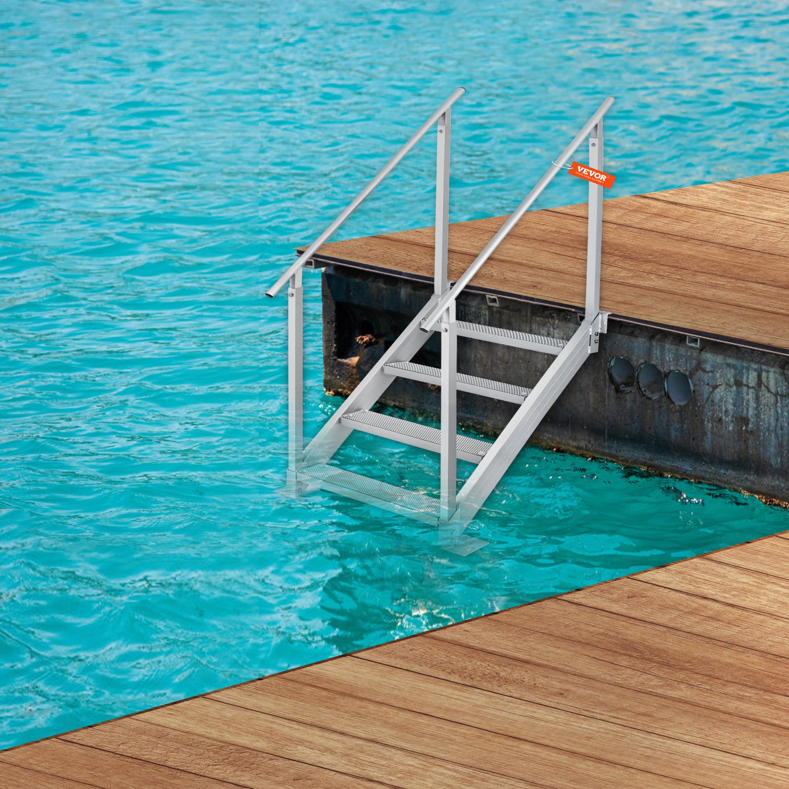 VEVOR 4-traps zwemtrap met twee leuningen, bootladder 800x1850x1750mm, zwembadladder van aluminiumlegering, trapladder, draagvermogen 250kg, pedalen 55x10cm, ideaal voor havens, boten, zwembaden
