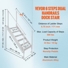 VEVOR 6-staps zwemtrap met twee leuningen bootladder 800x1850x2092mm aluminium zwembadladder trapladder 250kg draagvermogen 10cm pedalen ideaal voor havens bootzwembaden