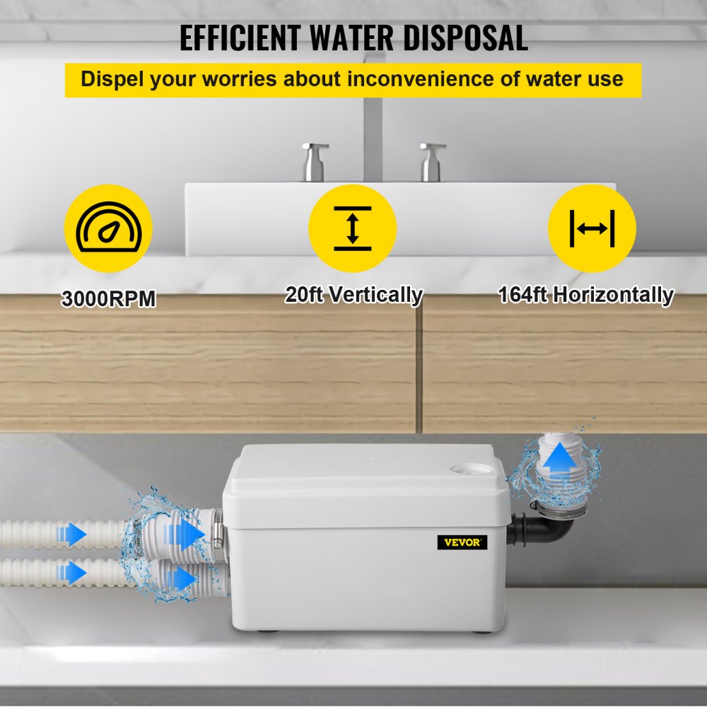VEVOR Hefsysteem 250 W fecaliënhefsysteem 3000 omw/min kleine hefsysteem 80 l/min huishoudelijke pomp 2 waterinlaten afvalwaterpomp 1-35 °C fecaliënpomp ideaal voor het pompen van afval uit toiletten