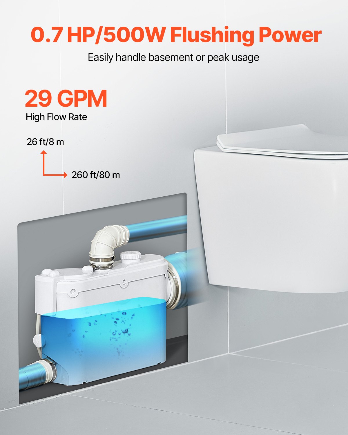 VEVOR Afvalwateropvoerstation 500W Rioolopvoerstation 8m Opvoerhoogte Afvalwaterpomp 6600L/u Huishoudelijke pomp 2900rpm Vuilwaterpomp Ingebouwde terugslagklep Onderhoudsvrij toilet Douche Wastafel