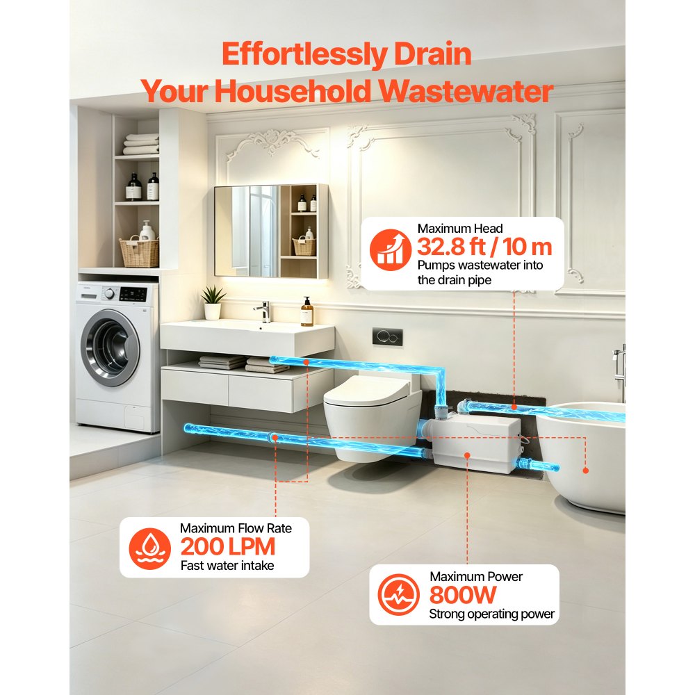 VEVOR rioolwaterpompstation 800 W 12000 l/u 10 m opvoerhoogte met 4 inlaten, wit. Geschikt voor kelders, toiletten, wastafels, wasruimtes en keukens. Zacker-pomp met zij-inlaten.