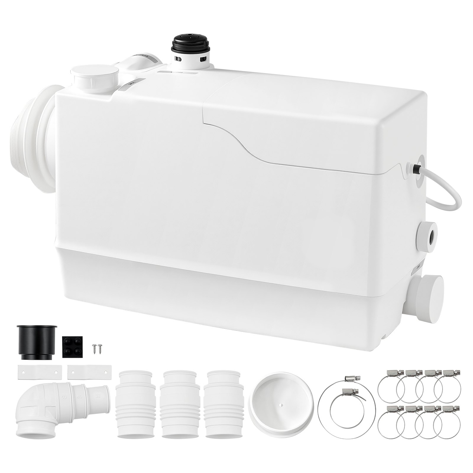 VEVOR rioolwaterpompstation 800 W 12000 l/u 10 m opvoerhoogte met 4 inlaten, wit. Geschikt voor kelders, toiletten, wastafels, wasruimtes en keukens. Zacker-pomp met zij-inlaten.