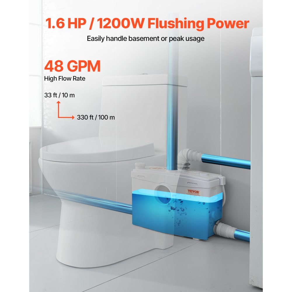 VEVOR 1200W afvalwaterpomp, 180 l/min. debiet, 10 m opvoerhoogte, rioolpomp met 4 waterinlaten, rioolopvoerstation voor toilet, kelder, douche, wastafel, wasruimte, badkuip