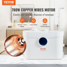 VEVOR Beschermende Waterpomp Opvoersysteem Rioolpomp 700W, 9600l/u Flow, 10M Opvoerhoogte 99% Effectief Antimicrobieel Met 3 Waterinlaten Voor Toilet, Kelder, Keuken, Gootsteen, Badkuip, Rioolafvoer, Afwasmachine