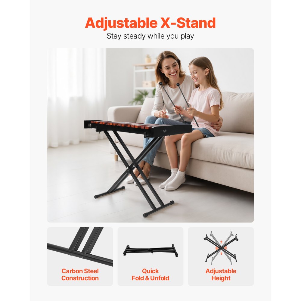 VEVOR Glockenspiel, 37-tonig, professioneel houten xylofoon-percussie-instrument met in hoogte verstelbare standaard van koolstofstaal, 4 stokken, draagtas, muziekinstrumentenset voor beginners