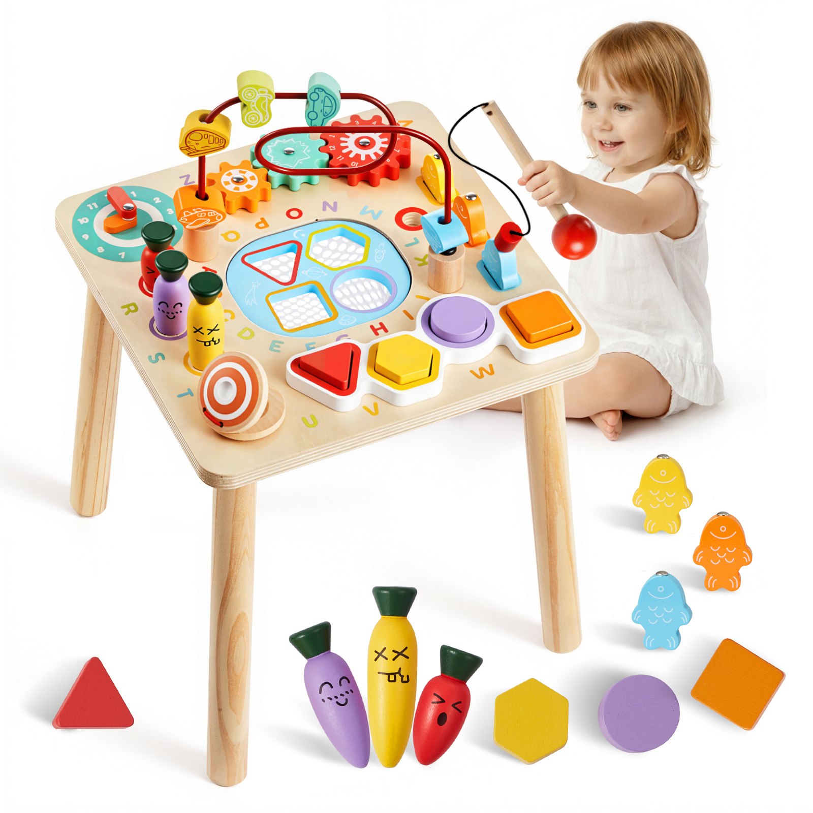 VEVOR Houten Activiteitentafel, Montessori Speelgoed, 8-in-1 Leertafel, Speeltafel en Activiteitentafel voor Kinderen vanaf 6 maanden, Ideaal Cadeau voor Verjaardagen, Kerstmis of Kinderdag, 6-36 maanden