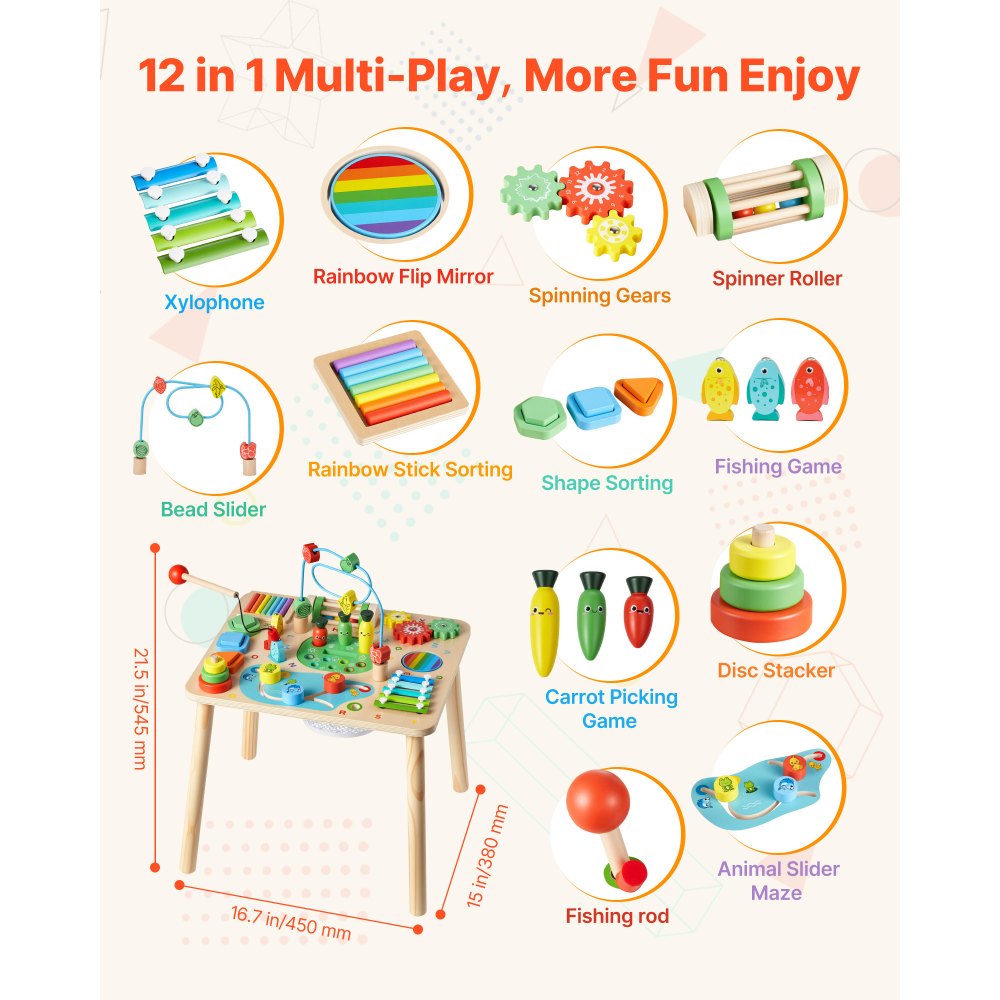 VEVOR Houten Activiteitentafel, Montessori Speelgoed, 13-in-1 Leertafel, Speeltafel en Activiteitentafel voor Kinderen vanaf 6 maanden, Ideaal Cadeau voor Verjaardagen, Kerstmis of Kinderdag, 6-36 maanden