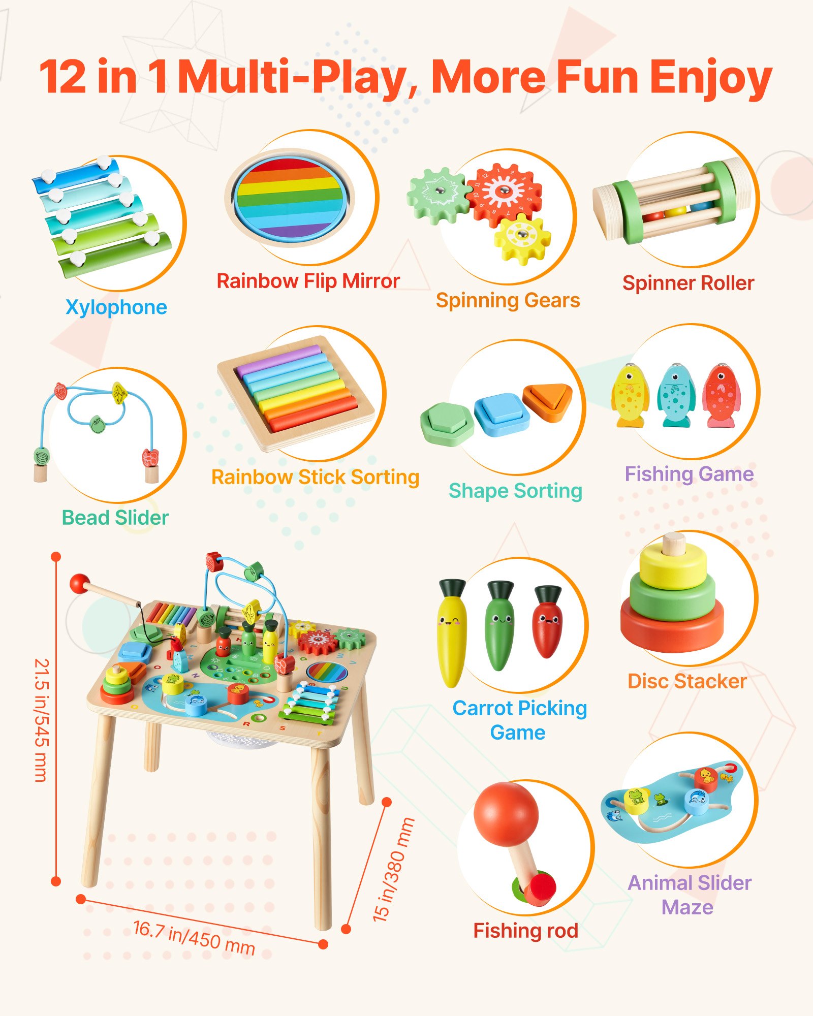 VEVOR Houten Activiteitentafel, Montessori Speelgoed, 13-in-1 Leertafel, Speeltafel en Activiteitentafel voor Kinderen vanaf 6 maanden, Ideaal Cadeau voor Verjaardagen, Kerstmis of Kinderdag, 6-36 maanden