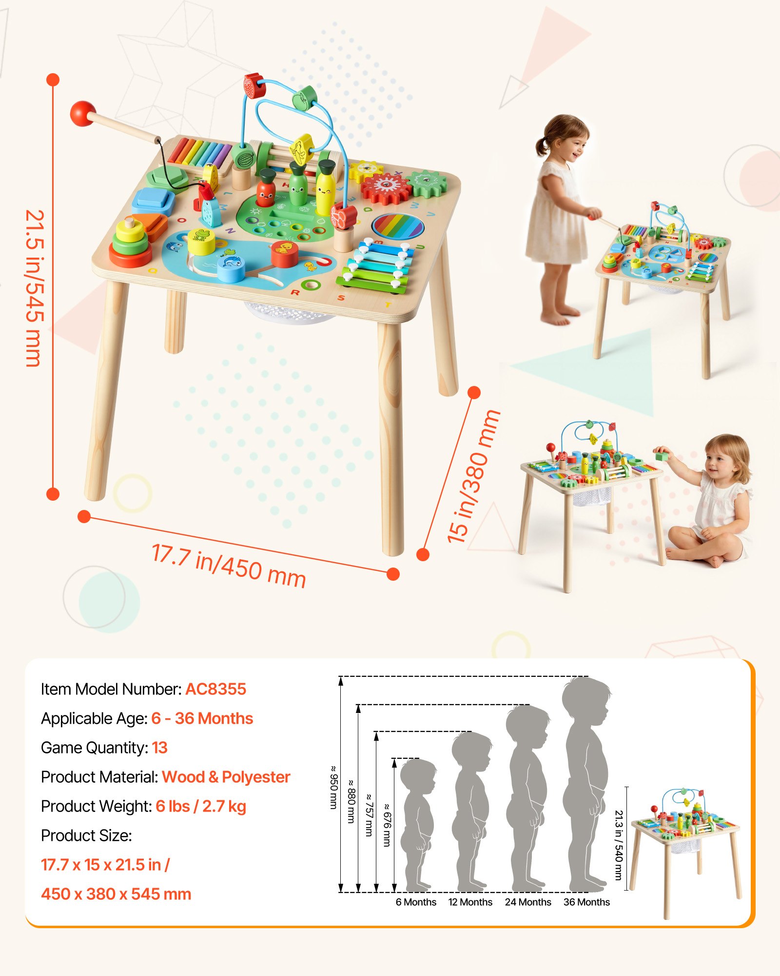 VEVOR Houten Activiteitentafel, Montessori Speelgoed, 13-in-1 Leertafel, Speeltafel en Activiteitentafel voor Kinderen vanaf 6 maanden, Ideaal Cadeau voor Verjaardagen, Kerstmis of Kinderdag, 6-36 maanden