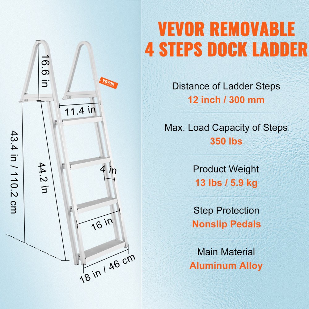 VEVOR Dock Ladder, 4 afneembare treden, draagvermogen 159 kg, aluminiumlegering bootladder met 10 cm brede trede en antislip, voor het betreden van schepen/meren/zwembaden/oceanen