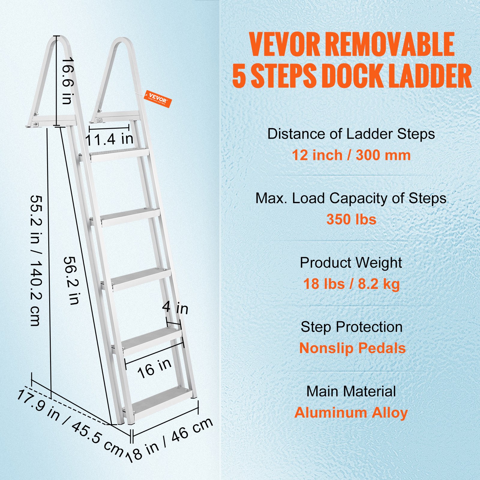 VEVOR Removable Dock Ladder 5 Steps, 350 lbs Load Capacity, Pontoon Boat Ladder with 4'' Wide Step & Nonslip Design for Ship/Lake/Pool/Marine Boarding