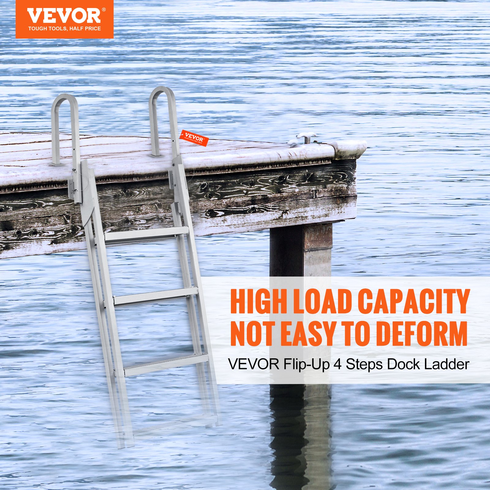 VEVOR Dock Ladder, opvouwbaar, 4 treden, draagvermogen 350 lbs, aluminium pontonbootladder met 4" brede trede en antislip rubberen mat, drijvende trap voor schip/meer/zwembad/maritiem