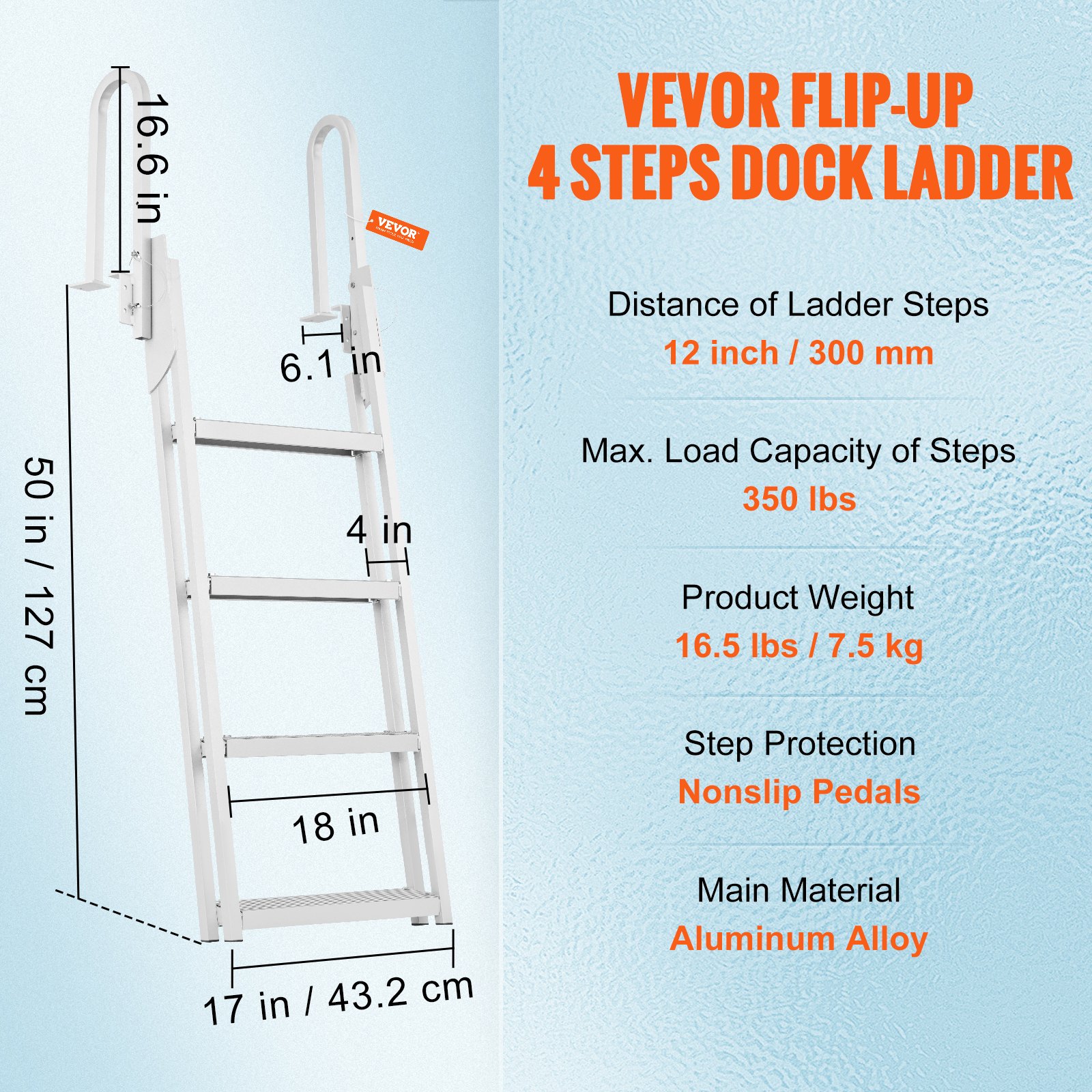 VEVOR Dock Ladder, opvouwbaar, 4 treden, draagvermogen 350 lbs, aluminium pontonbootladder met 4" brede trede en antislip rubberen mat, drijvende trap voor schip/meer/zwembad/maritiem