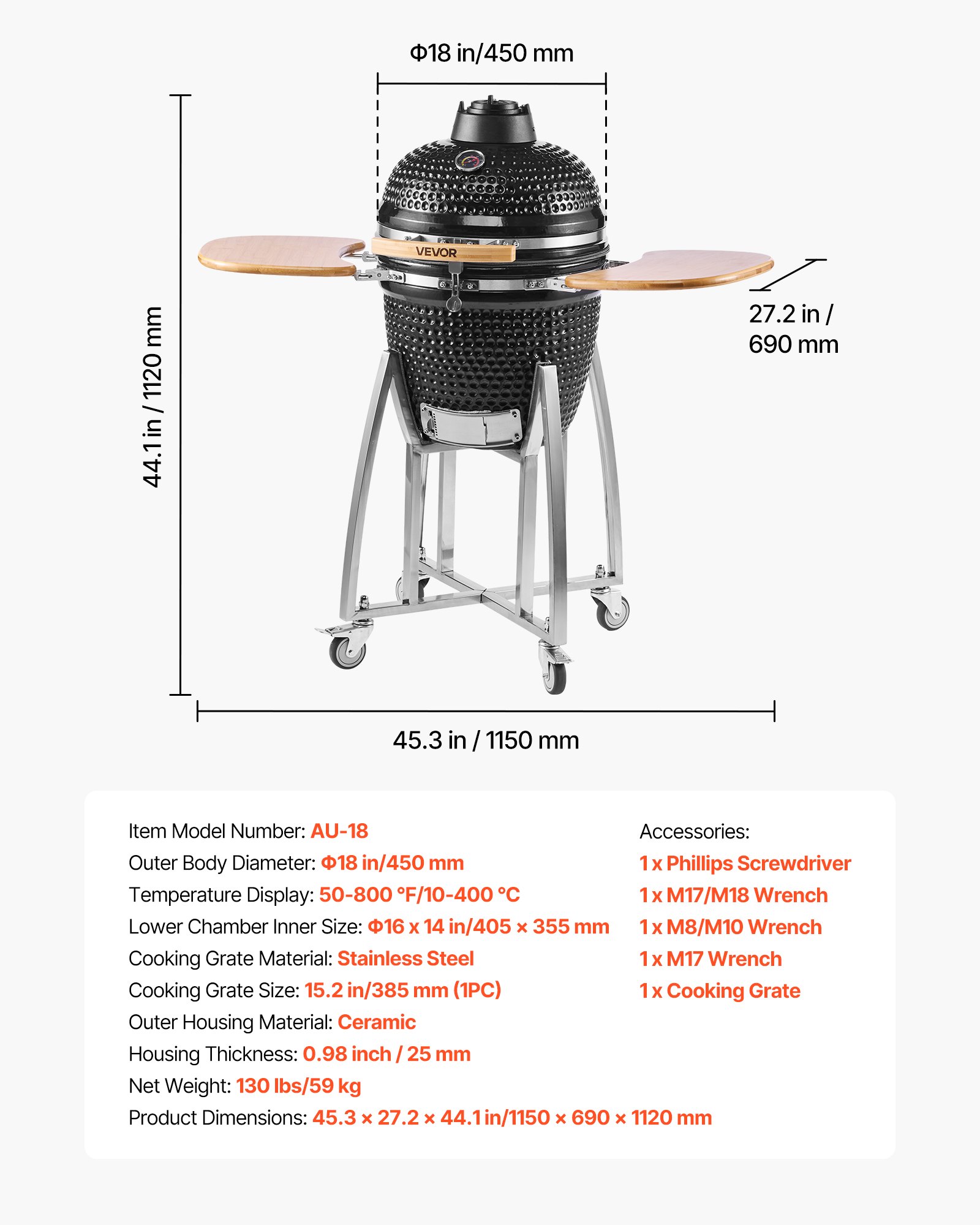 VEVOR Charcoal Smoker and Grill, 18" Kamado Charcoal BBQ Smoker, Movable Ceramic Barbecue Grill with 4 Wheels (2 Lockable), Built-in Thermometer, Air Vents & Side Shelf for Outdoor Patio Yard Cooking