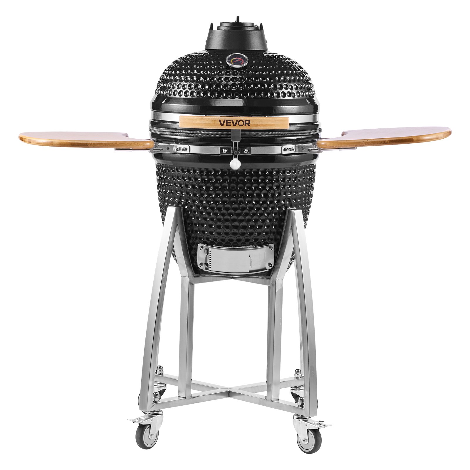 VEVOR Charcoal Smoker and Grill, 18" Kamado Charcoal BBQ Smoker, Movable Ceramic Barbecue Grill with 4 Wheels (2 Lockable), Built-in Thermometer, Air Vents & Side Shelf for Outdoor Patio Yard Cooking