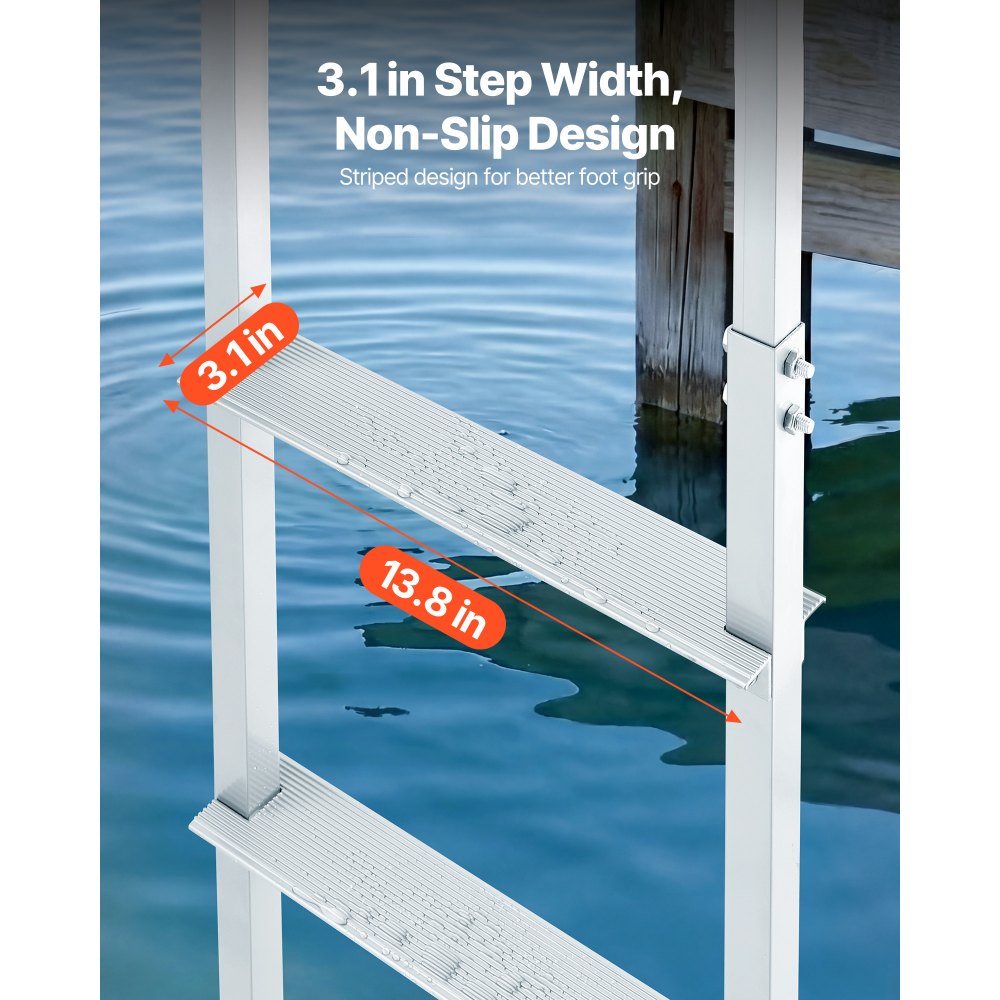 VEVOR aanlegsteigerladder met 3 verwijderbare treden, draagvermogen 227 kg, aluminiumlegering aanlegsteigerladder voor pontonboten met 8 cm brede treden en antislip rubberen mat, voor het aan boord gaan van schepen/meren/zwembaden.