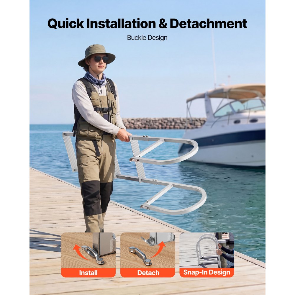 VEVOR Dock Ladder 5 afneembare treden, draagvermogen 227 kg, aluminiumlegering pontonbootladder met 8 cm brede treden en antislip rubberen mat, voor het betreden van schepen/meren/zwembaden/oceanen