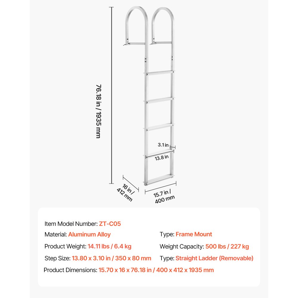 VEVOR Dock Ladder 5 afneembare treden, draagvermogen 227 kg, aluminiumlegering pontonbootladder met 8 cm brede treden en antislip rubberen mat, voor het betreden van schepen/meren/zwembaden/oceanen