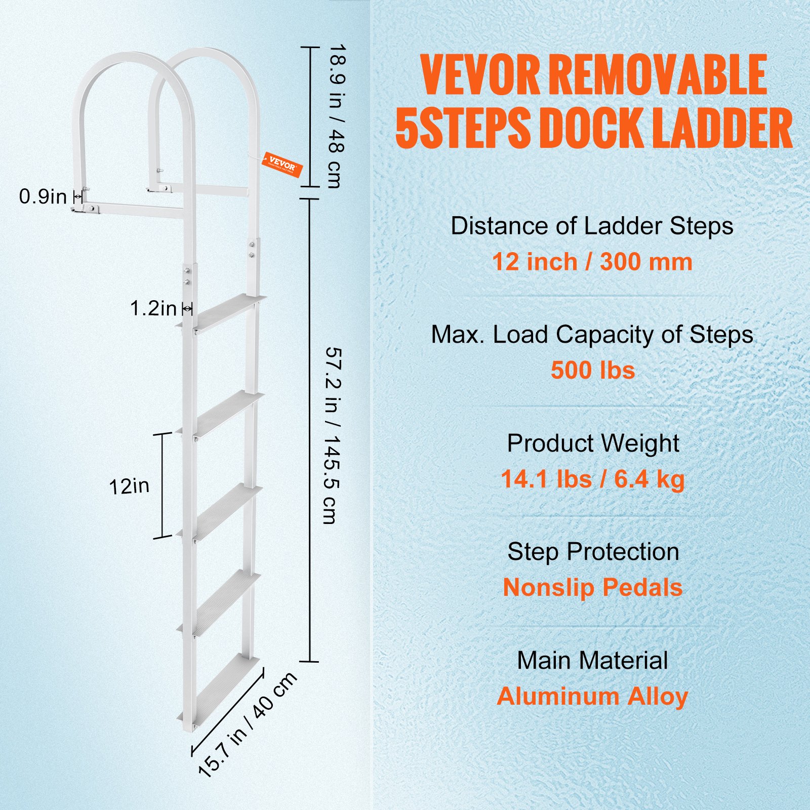 VEVOR Dock Ladder 5 afneembare treden, draagvermogen 227 kg, aluminiumlegering pontonbootladder met 8 cm brede treden en antislip rubberen mat, voor het betreden van schepen/meren/zwembaden/oceanen