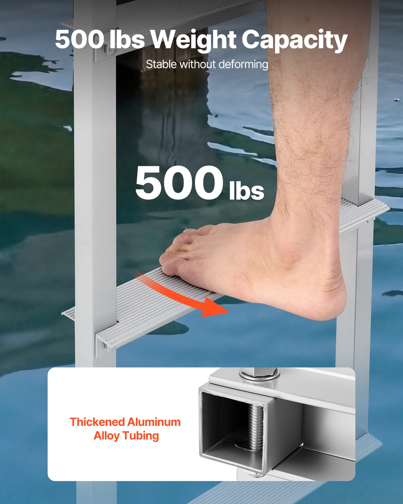 VEVOR Dock Ladder 5 afneembare treden, draagvermogen 227 kg, aluminiumlegering pontonbootladder met 8 cm brede treden en antislip rubberen mat, voor het betreden van schepen/meren/zwembaden/oceanen