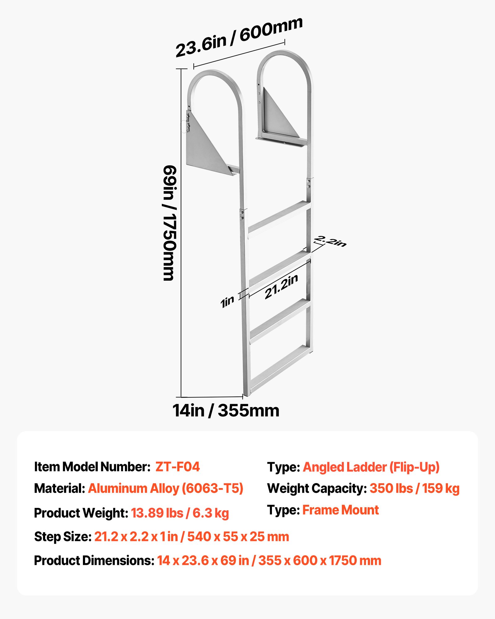 VEVOR Opvouwbare aanlegsteigerladder, bootladder met 4 antislip treden, brede pedalen en leuning, zwembadladder met een draagvermogen van 159 kg, gemaakt van aluminiumlegering, toegangsladder voor steigers, zwembaden, meren en boten, zilverkleurig