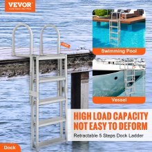 VEVOR Dockladder 5 intrekbare treden, 159 kg laadvermogen, aluminium pontonbootladder met 1700-2005 mm verstelbare hoogte, 10 cm brede rubberen mat voor het aan boord gaan van schepen/meer/zwembad/marine