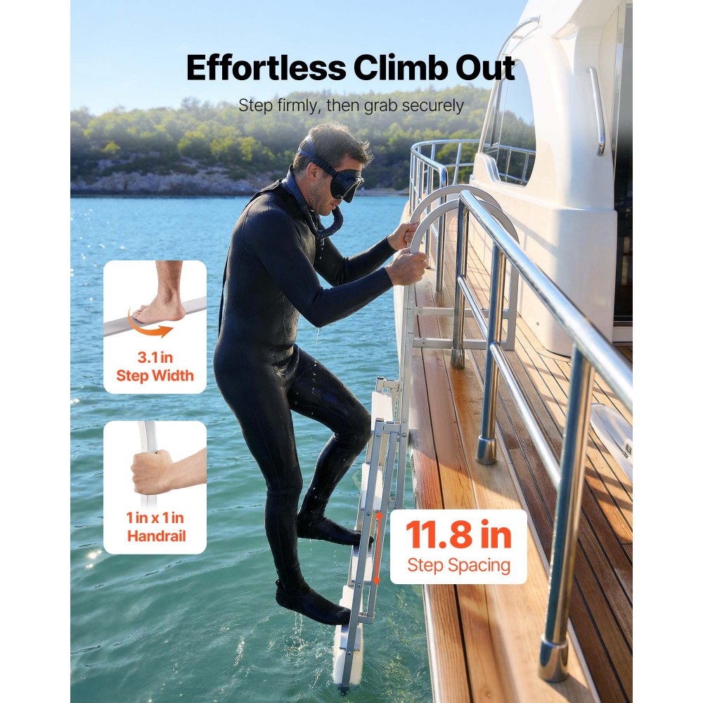 VEVOR Uitschuifbare aanlegsteigerladder, bootladder met 4 antislip treden, brede pedalen en leuning, draagvermogen van 227 kg, telescopische ladder van aluminiumlegering voor aanlegsteigers, zwembaden, meren en boten.