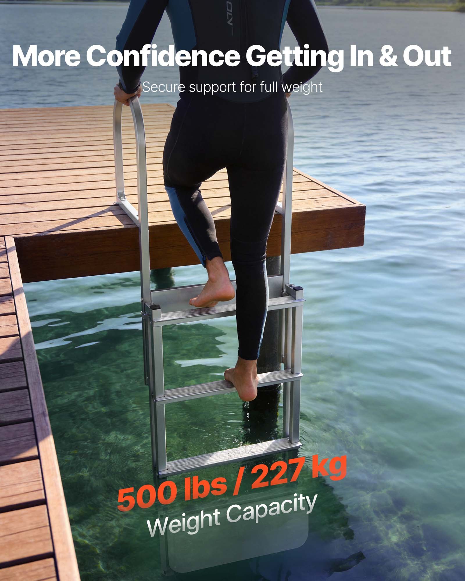 VEVOR Uitschuifbare aanlegsteigerladder, bootladder met 4 antislip treden, brede pedalen en leuning, draagvermogen van 227 kg, telescopische ladder van aluminiumlegering voor aanlegsteigers, zwembaden, meren en boten.