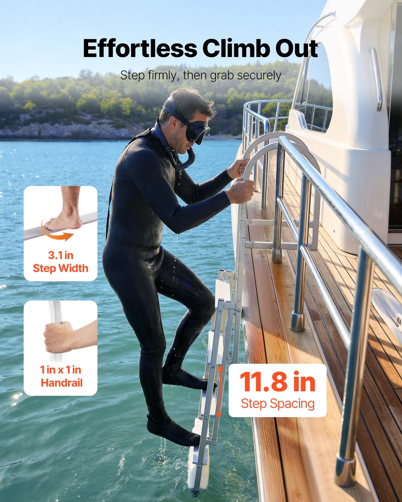 VEVOR Uitschuifbare aanlegsteigerladder, bootladder met 4 antislip treden, brede pedalen en leuning, draagvermogen van 227 kg, telescopische ladder van aluminiumlegering voor aanlegsteigers, zwembaden, meren en boten.