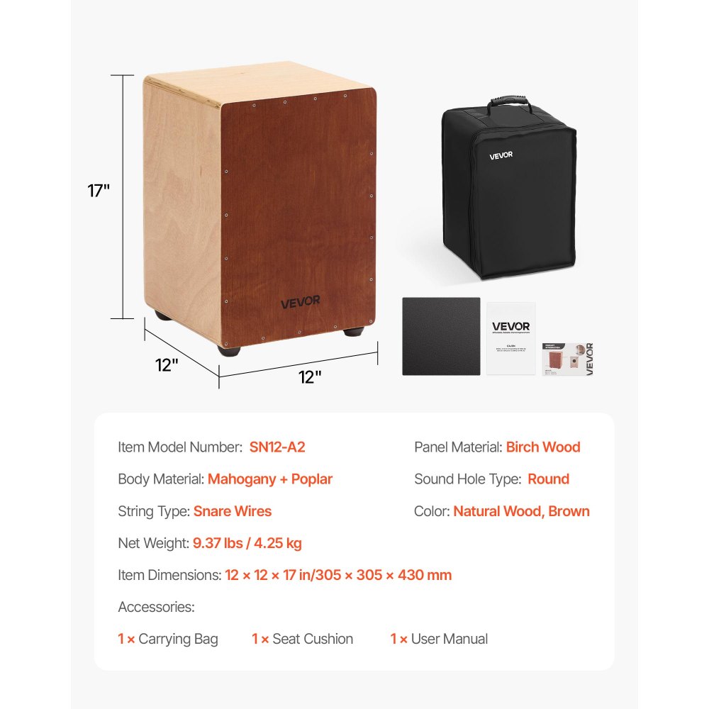 VEVOR Cajon Box Drum, with Internal Snare Wires, Lightweight Wooden Percussion Box, Portable Birch Wood Drum Musical Instrument with Travel Bag, for Beginners and Professionals, 12 x 12 x 17 Inches