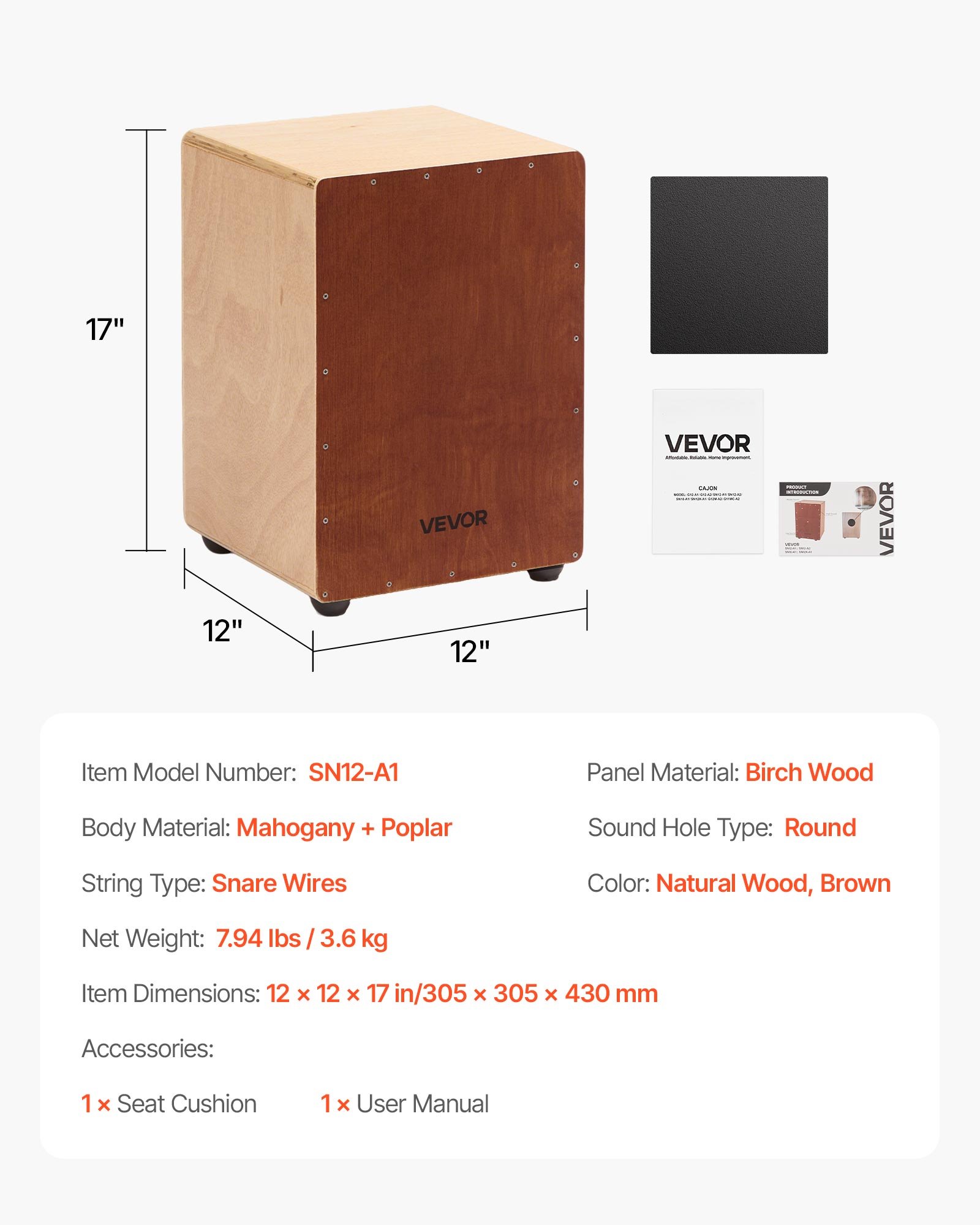 VEVOR Cajon Box Drum, with Internal Snare Wires, Lightweight Wooden Percussion Box, Portable Birch Wood Drum Musical Instrument with Silicone Feet, for Beginners and Professionals, 12 x 12 x 17 in