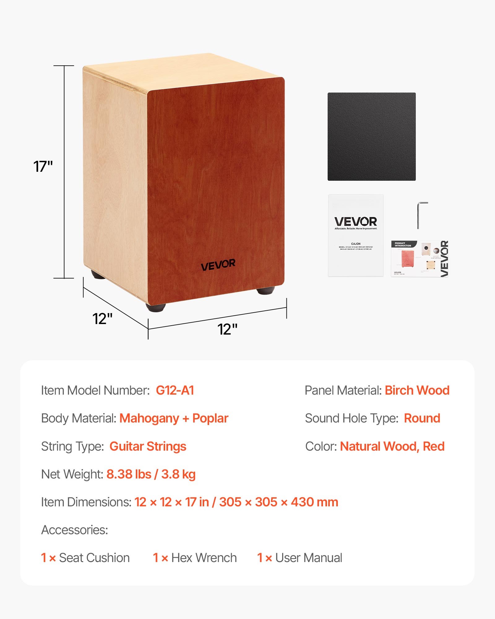 VEVOR Cajon, Box Drum met interne gitaarsnaren, lichtgewicht houten drumkist, draagbaar drummuziekinstrument met siliconen voetjes, afgeronde randen, voor beginners en professionals, 305 x 305 x 430 mm