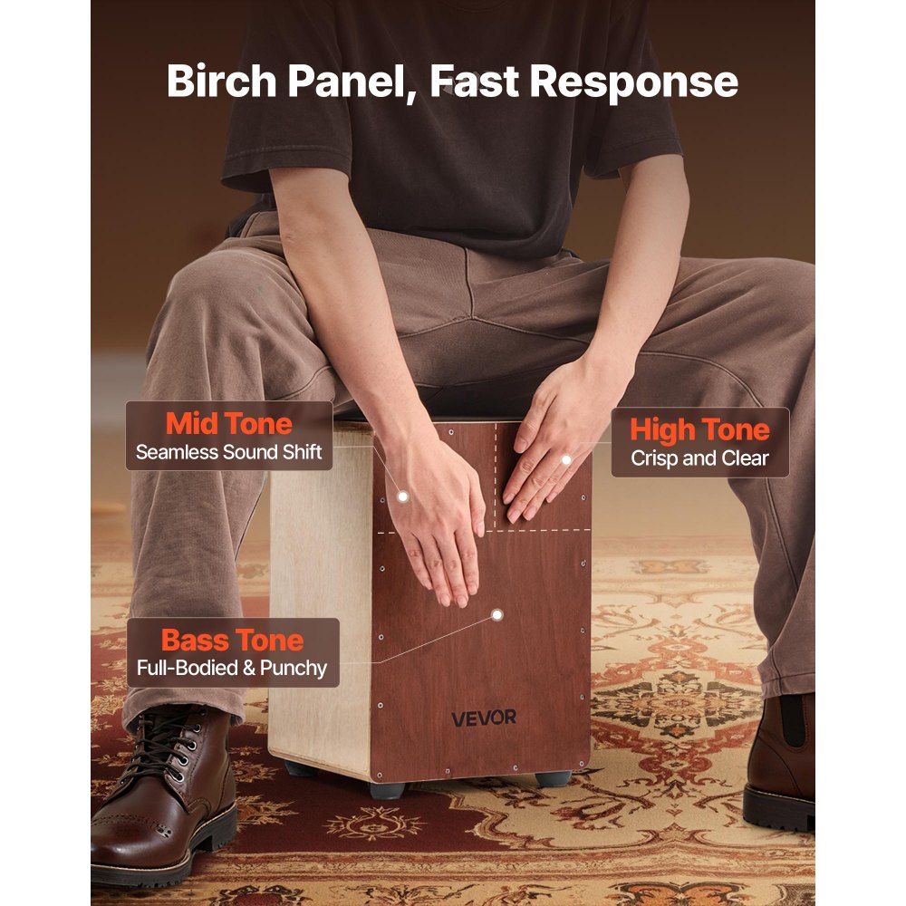 VEVOR Cajon, Box Drum, met interne snarenmaten, compacte en lichtgewicht houten drumkist, drummuziekinstrument met siliconen voetjes, afgeronde randen, voor beginners en professionals, 255 x 255 x 380 mm