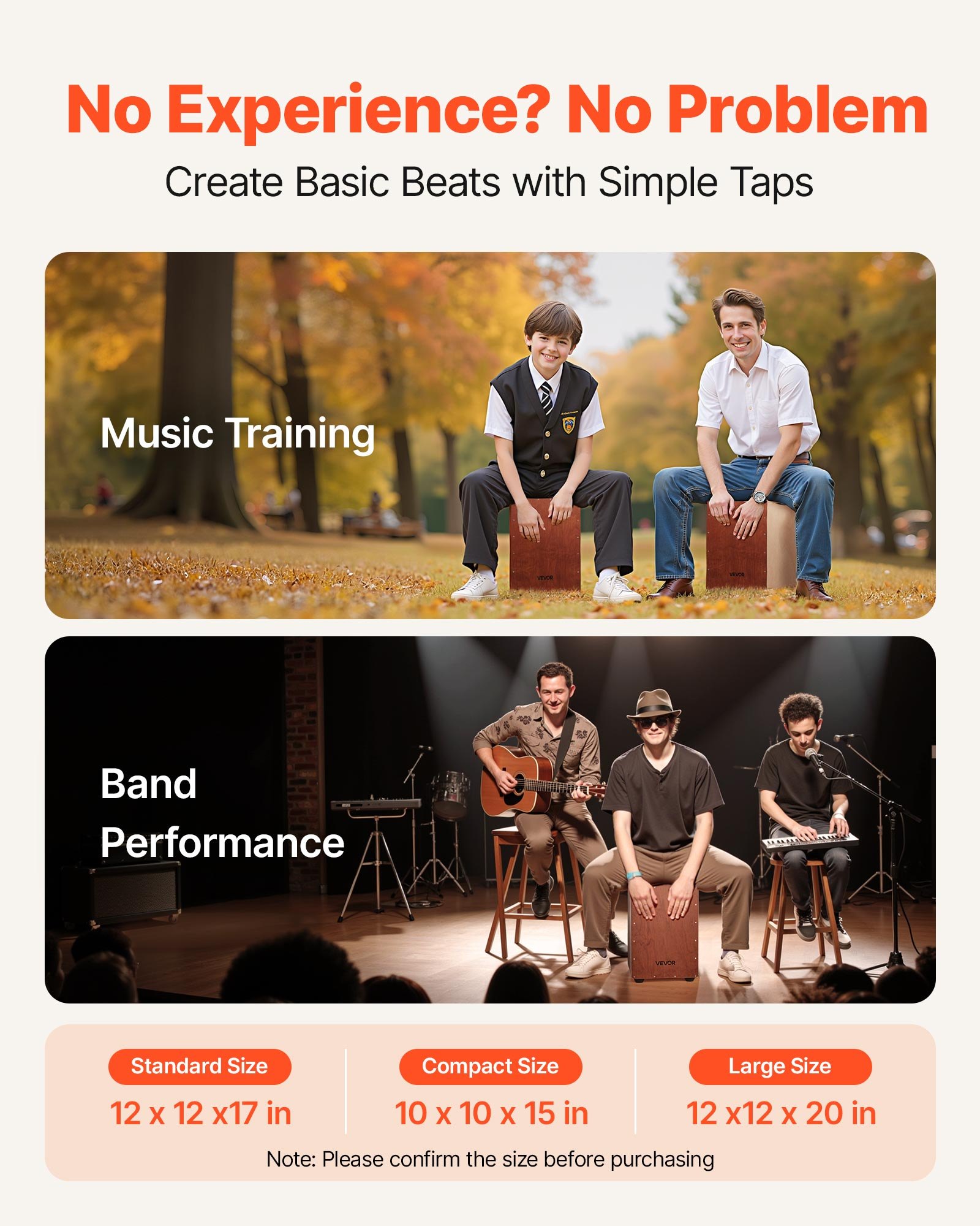 VEVOR Cajon, Box Drum, met interne snarenmaten, compacte en lichtgewicht houten drumkist, drummuziekinstrument met siliconen voetjes, afgeronde randen, voor beginners en professionals, 255 x 255 x 380 mm