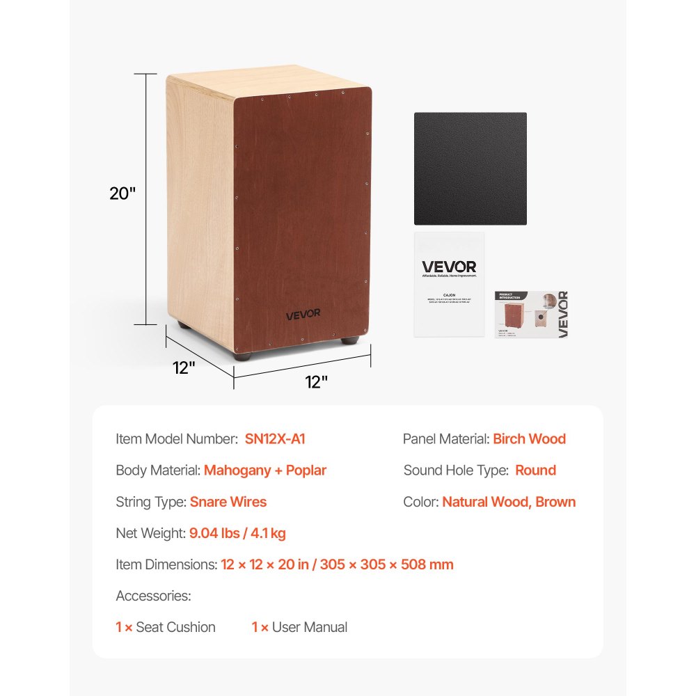 VEVOR Cajon, Box Drum met interne snarenmaten, lichtgewicht houten drumkist, drummuziekinstrument met siliconen voetjes, afgeronde randen, voor beginners en professionals, 305 x 305 x 508 mm