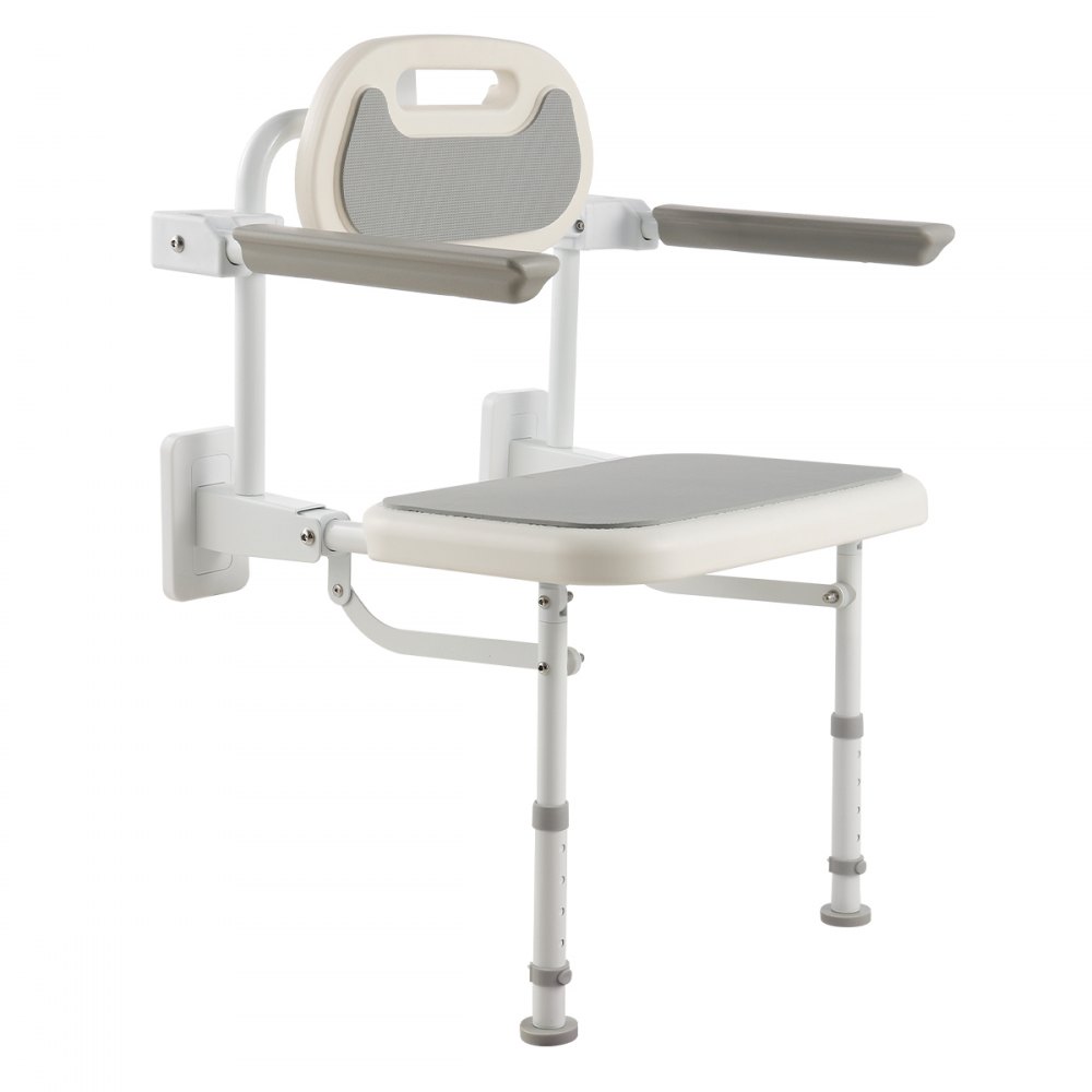 VEVOR opklapbare douchestoel voor wandmontage (58 x 48 x 75 cm), opklapbare stoel met rugleuning, armleuningen en verstelbare poten, douchestoel (draagvermogen 150 kg) voor volwassenen en senioren, badkamer/hal