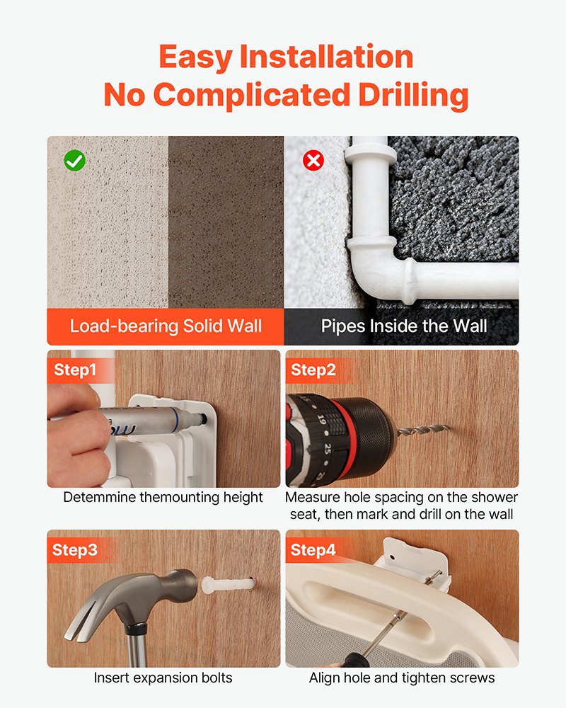 VEVOR opklapbare douchestoel voor wandmontage (58 x 48 x 75 cm), opklapbare stoel met rugleuning, armleuningen en verstelbare poten, douchestoel (draagvermogen 150 kg) voor volwassenen en senioren, badkamer/hal