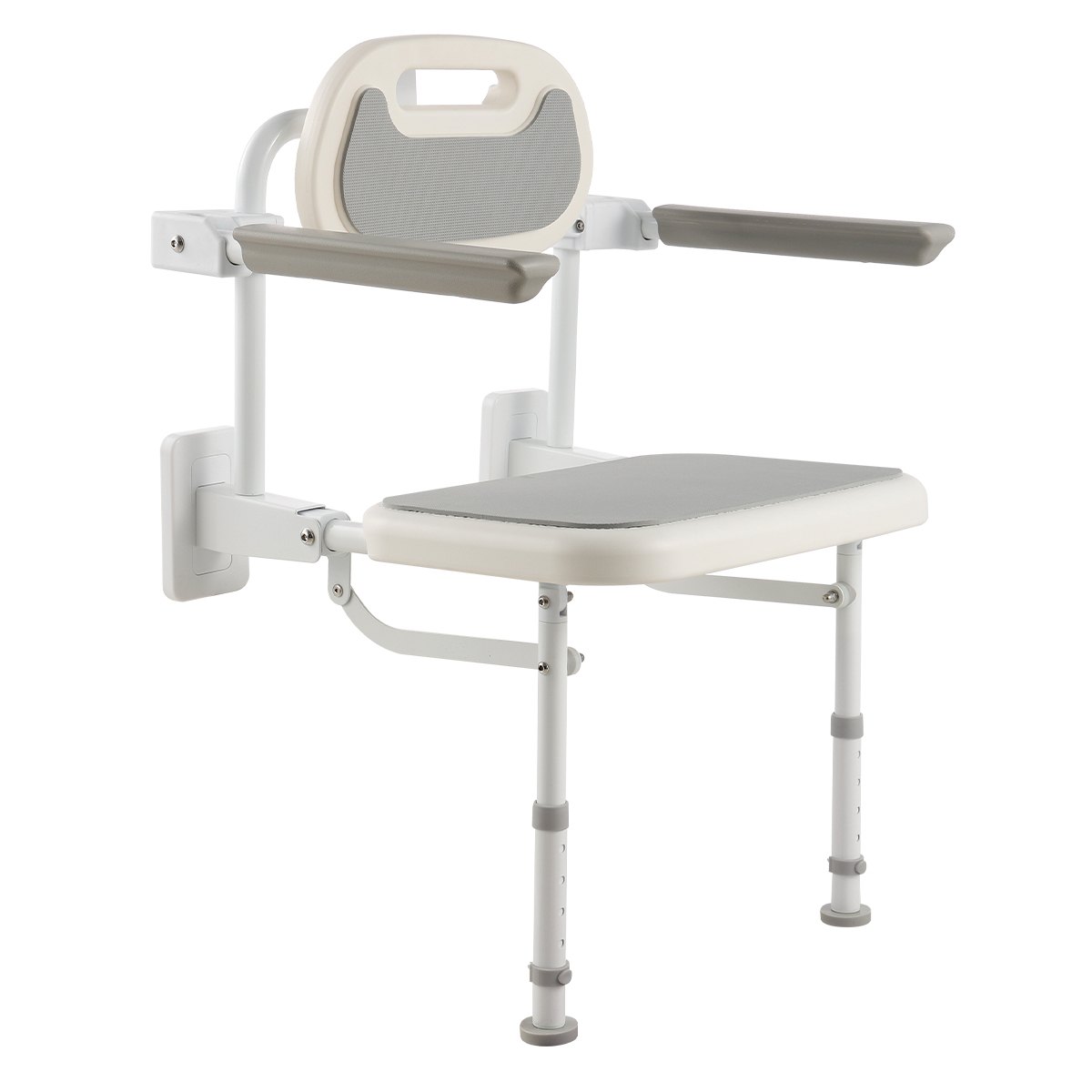 VEVOR opklapbare douchestoel voor wandmontage (58 x 48 x 75 cm), opklapbare stoel met rugleuning, armleuningen en verstelbare poten, douchestoel (draagvermogen 150 kg) voor volwassenen en senioren, badkamer/hal