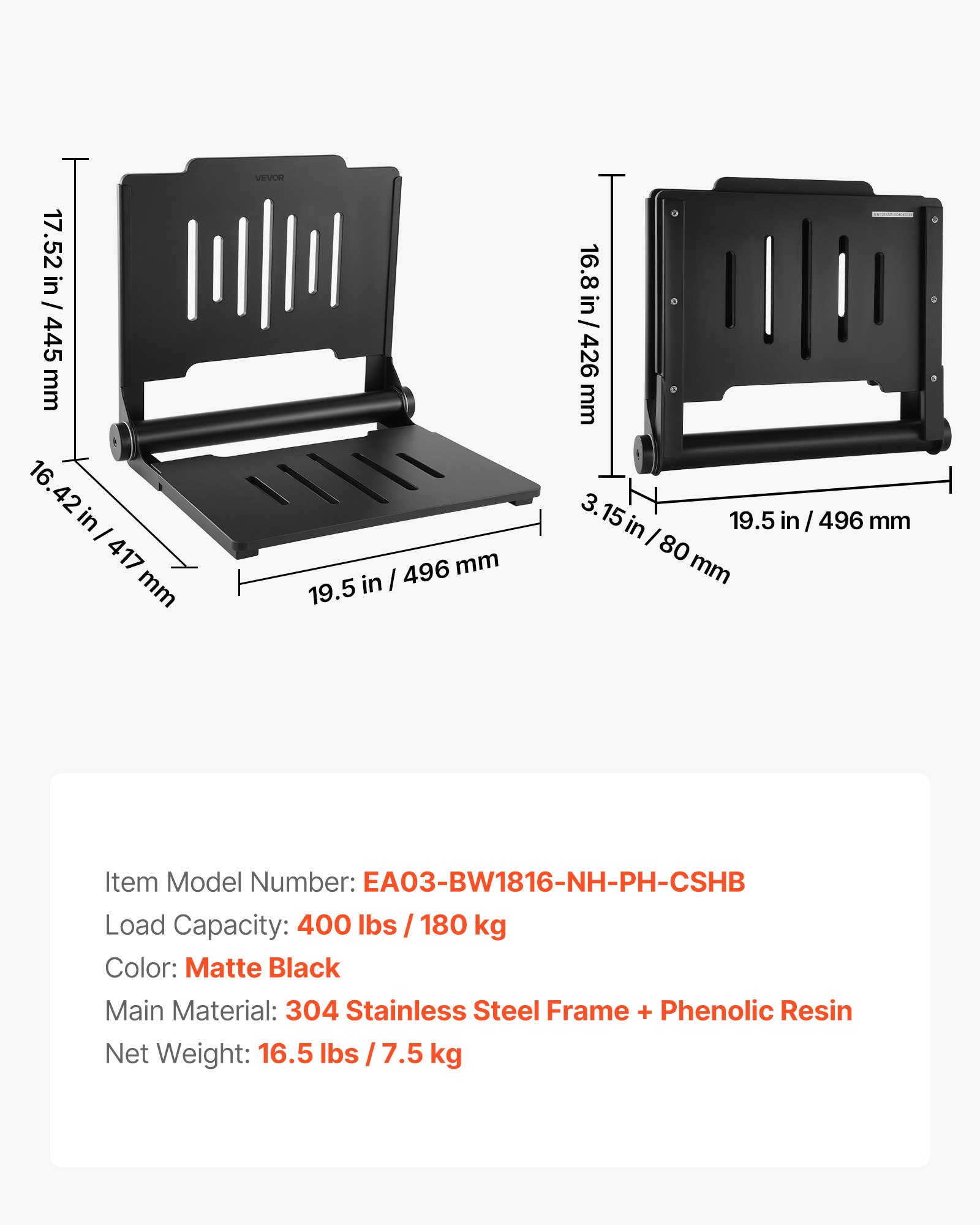 VEVOR Foldable Shower Seat Wall Mounted, 452mm Folding Shower Bench with Supportive Backrest, Plastic Fold-Down Bathroom Corridor Seat with Stainless Steel Frame for Adults Seniors, 180kg Loading