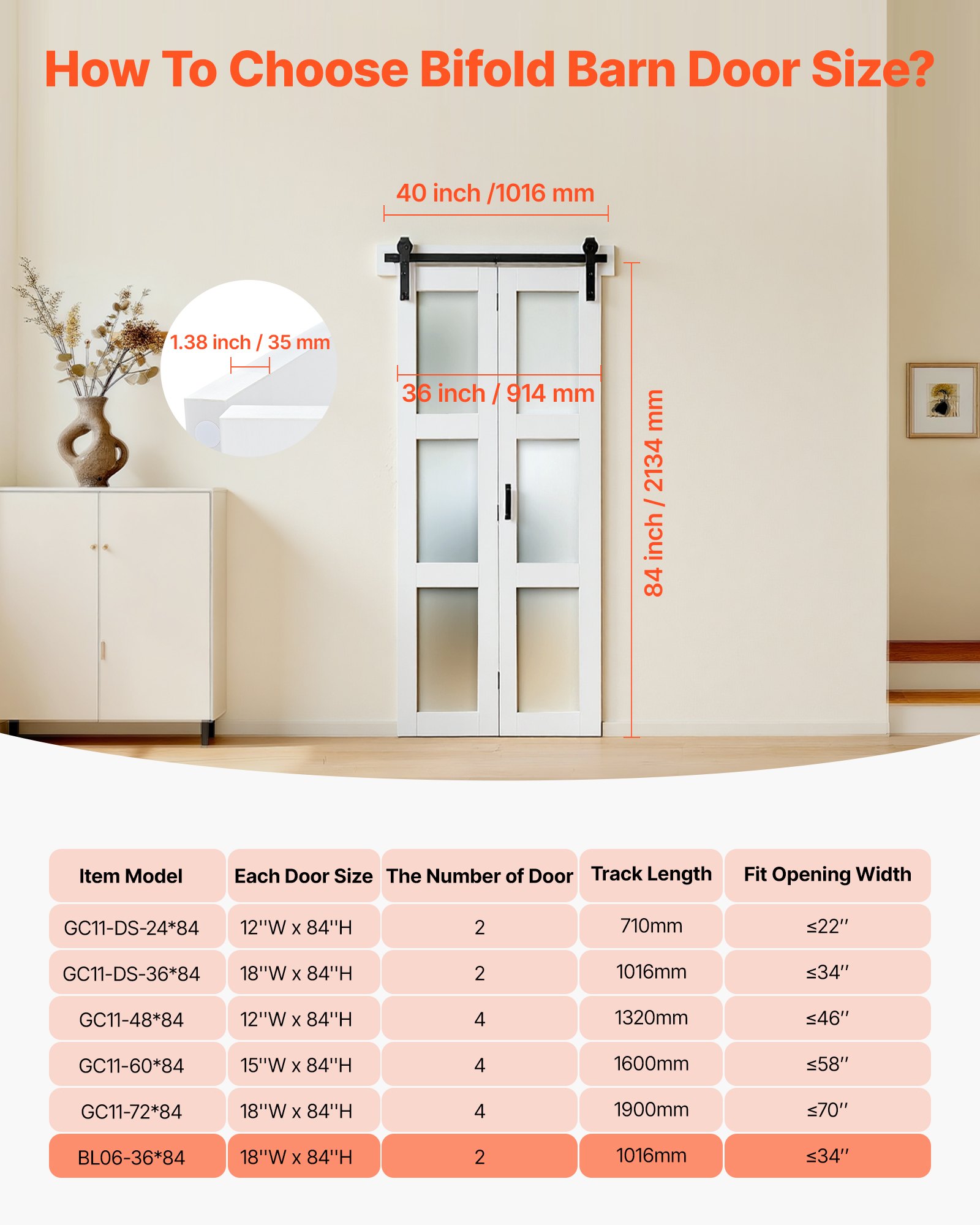 VEVOR Vouwschuifdeur in schuurstijl 914x2134 mm, vouwdeur gemaakt van MDF + gehard glas, inclusief beslag, ruimtebesparend ontwerp, voorgemonteerde panelen voor slaapkamer en woonkamer, wit