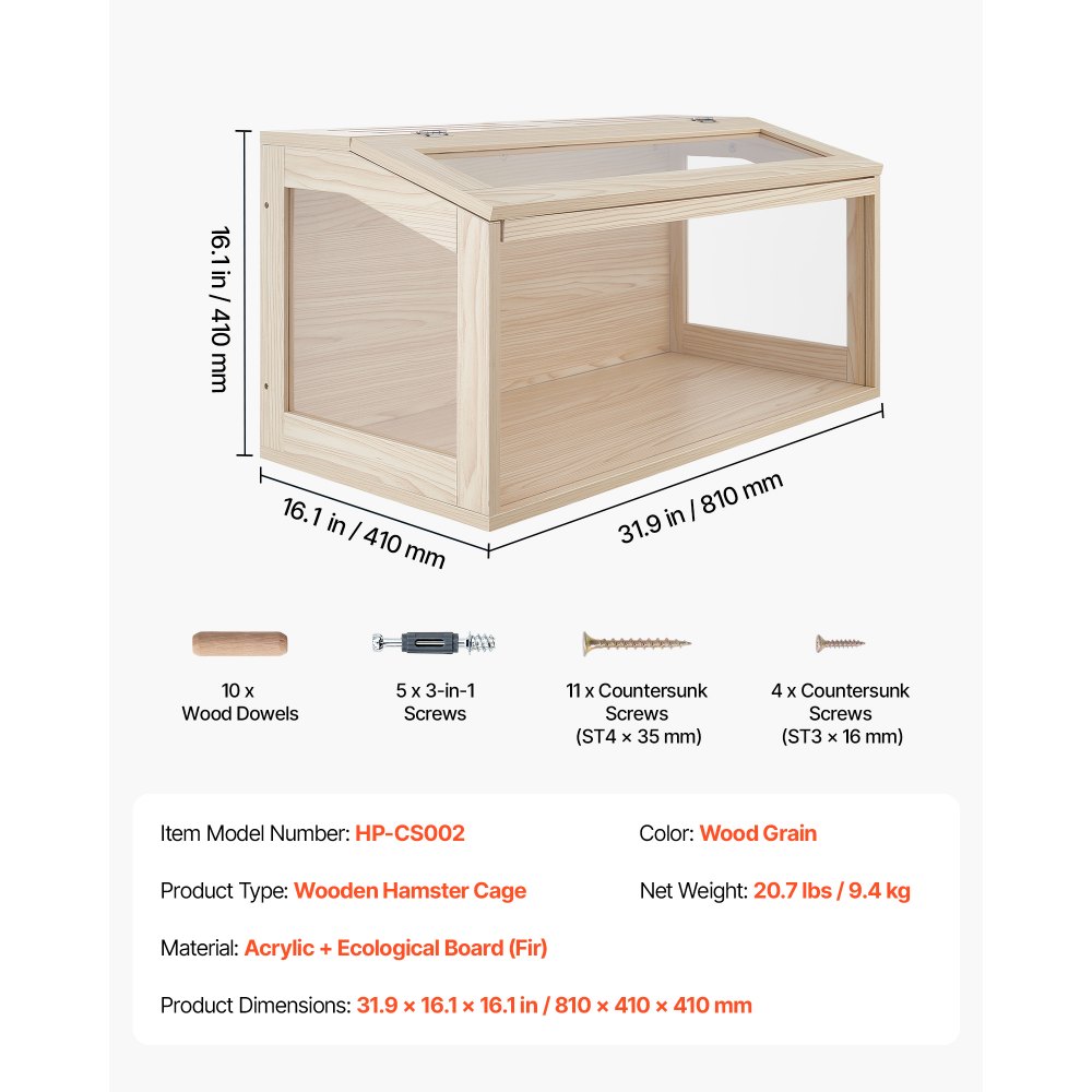 VEVOR Wooden Hamster Cage 31.9"x16.1"x16.1" 270° Viewing Hamster Habitat, Chewproof Acrylic Small Animal Cage with Openable Top, Large Pet Enclosure for Syrian/Dwarf Hamsters, Guinea Pigs & Gerbils