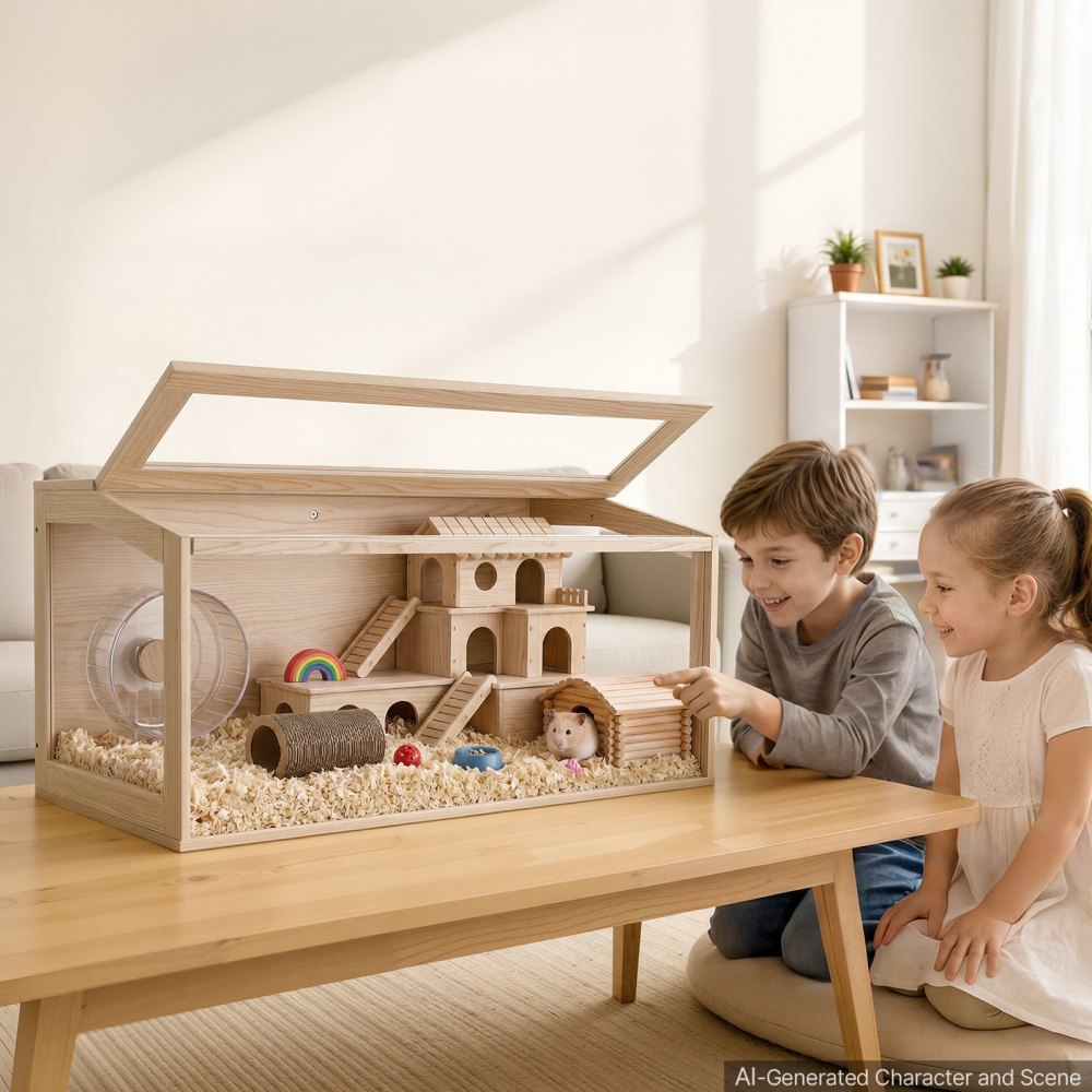 VEVOR Hamsterkooi, Knaagdierkooi, Knaagdierverblijf, Houten Hamsterkooi, 1018x518x510mm, Kijkvenster van 270°, Knaagdierbestendig met Deksel, Ventilatie voor Goudhamsters, Dwerghamsters, Cavia's, Gerbils
