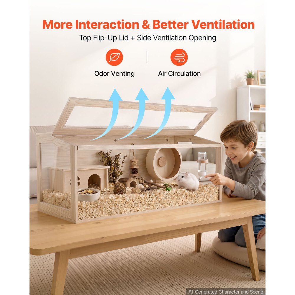 VEVOR Hamsterkooi, Knaagdierkooi, Knaagdierverblijf, Houten Hamsterkooi, 1220x510x510mm, Kijkvenster van 270°, Knaagdierbestendig met Deksel en Ventilatie, voor Goudhamsters, Dwerghamsters, Cavia's en Gerbils