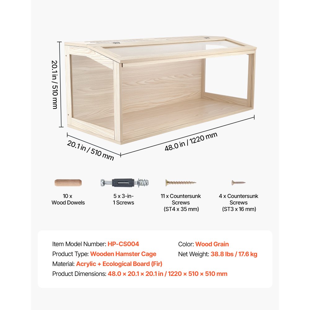 VEVOR Hamsterkooi, Knaagdierkooi, Knaagdierverblijf, Houten Hamsterkooi, 1220x510x510mm, Kijkvenster van 270°, Knaagdierbestendig met Deksel en Ventilatie, voor Goudhamsters, Dwerghamsters, Cavia's en Gerbils
