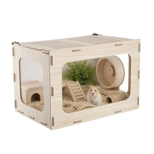 VEVOR Hamsterkooi, Knaagdierkooi, Knaagdierverblijf, Houten Hamsterkooi, 605x405x405mm, Kijkvenster van 270°, Knaagdierbestendig met Deksel en Ventilatie, voor Goudhamsters, Dwerghamsters, Cavia's en Gerbils