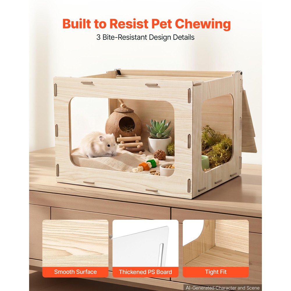 VEVOR Hamsterkooi, Knaagdierkooi, Knaagdierverblijf, Houten Hamsterkooi, 605x405x405mm, Kijkvenster van 270°, Knaagdierbestendig met Deksel en Ventilatie, voor Goudhamsters, Dwerghamsters, Cavia's en Gerbils