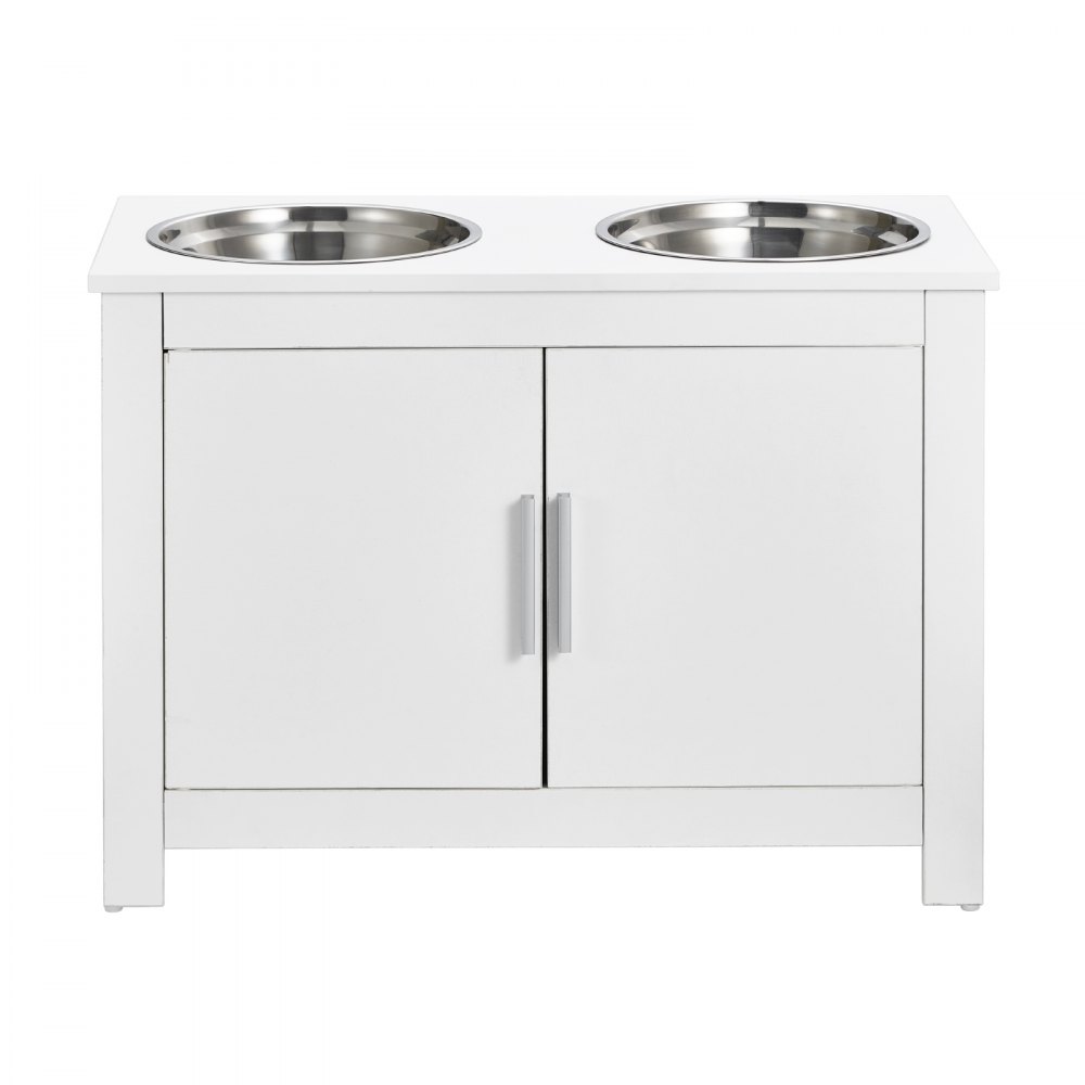VEVOR Hondenvoerstation met 2 roestvrijstalen bakken 60 x 30 x 44 cm, Verhoogde hondenbakken met opbergruimte, Voerkast voor huisdieren, Voerbak met dubbele deur, Voerbakbeugel, Hondenbeugel voor extra grote honden, Wit