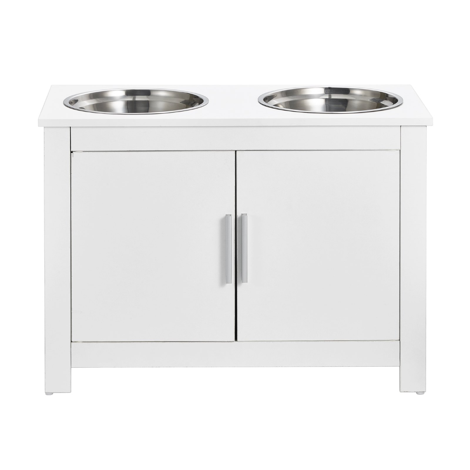 VEVOR Hondenvoerstation met 2 roestvrijstalen bakken 60 x 30 x 44 cm, Verhoogde hondenbakken met opbergruimte, Voerkast voor huisdieren, Voerbak met dubbele deur, Voerbakbeugel, Hondenbeugel voor extra grote honden, Wit