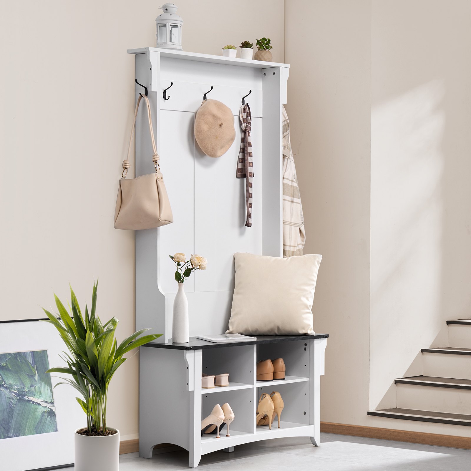 VEVOR Hall Tree, Wooden Hall Tree with Bench and Shoe Storage, White Hall Tree with Coat Rack, Adjustable Shelves and 5 Hanging Hooks, Mudroom Furniture with 4 Storage Drawers, for Entryway & Hallway