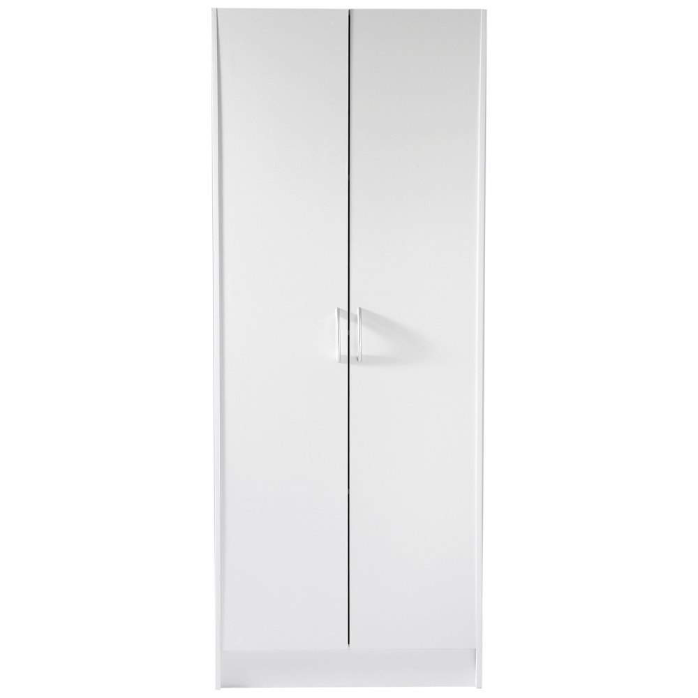 white VEVOR pantry cabinet with two doors and sleek handles. simple and modern kitchen storage solution.